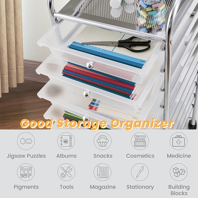 COSTWAY 10-Drawer Rolling Storage Cart, Utility Mobile Trolley | Removable Drawers & Universal Casters & 2 Brakes, Versatile Flexible Drawer Organizer Cart for Home, Office (Clear)