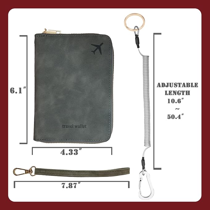Passport Holder with Tether and Carabiner Clip to Prevent Loss and Theft, Rfid Passport Holder for Travel, Passport Cover, Wallet & Case for Men and Women (Gray - Tether and Carabiner)