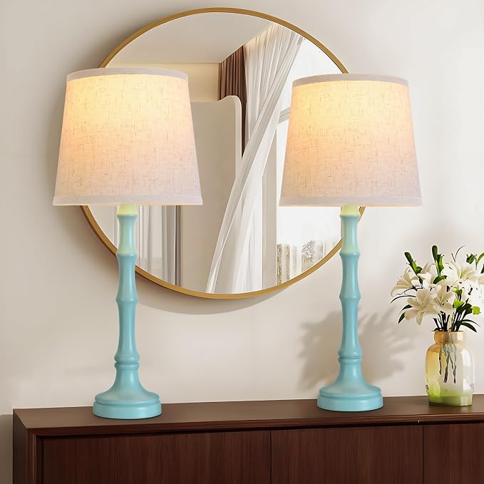 Lamps Set of 2 Modern Farmhouse Table Lamp Bedside Reading Lamps Living Room End Tables Set Lamps for Night Stands Bedroom Night Lamp,High 26.25 Inch,Green,With Fabric Lamp Shade,Bulb Not Included
