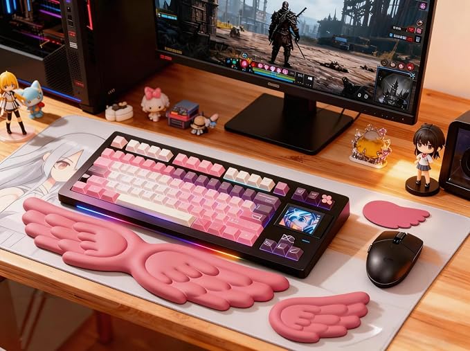 Angel Wing Wrist Rest Ergonomic Memory Foam Wrist Rest for Computer Keyboard Mouse Set with Cup Mat, Cute Gaming Keyboard Cushion Hand Support PU Leather Surface Anti-Slip Waterproof (Rose Red)
