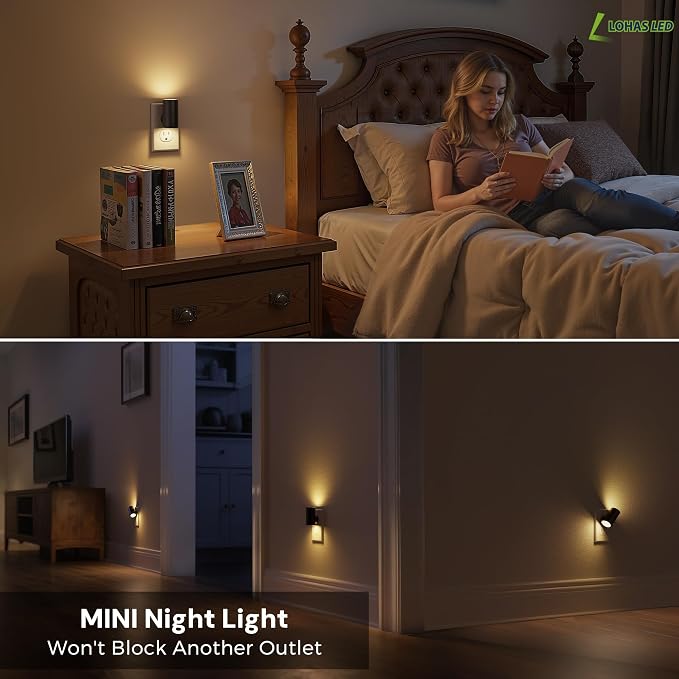 L LOHAS LED Night Light, Night Lights Plug into Wall, Light Sensor, 2 Level Brightness, Soft White 3000K, Mini Rotating Nightlight Plug in Wall for Adult Kids Hallway Bedroom Bathroom Stairway, 4 Pack