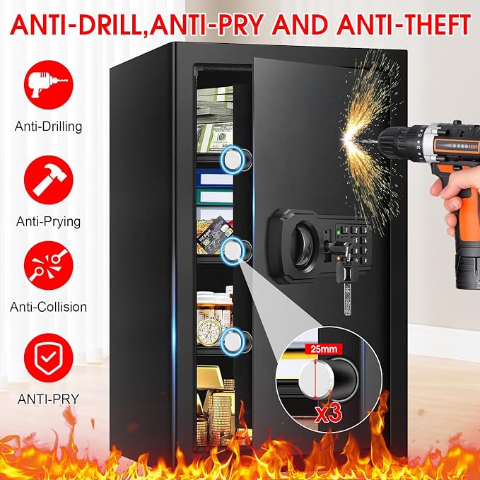 5.1 Cuft Large Home Safes Water and Fireproof with Digital Keypad & Key Lock, Fire Security Safes with 3 Removable Shelves, Anti-Pry Safe Box for Money Documents Jewelry, 23.62"H x14.96"W x 12.2"D