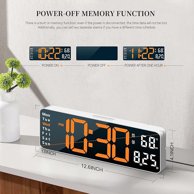 Digital Clock, Digital Wall Clock for Living Room Decor, Desk Alarm Clock for Bedroom, Large Wall Clock with Remote Control, Automatic Brightness Dimmer LED Clock with Date Temperature Week (Orange-W)