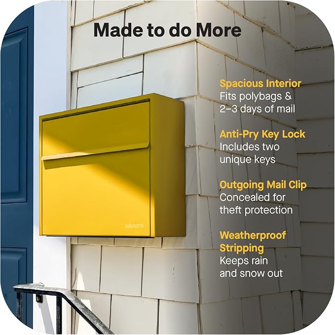 Adoorn Lockable Wall Mount Mailboxes for Outside - Small Anti-Theft Locking Mailbox for Letters - Weatherproof Construction - Durable Steel - 13.5" H x 15" L x 5.5" D - Curb Yellow