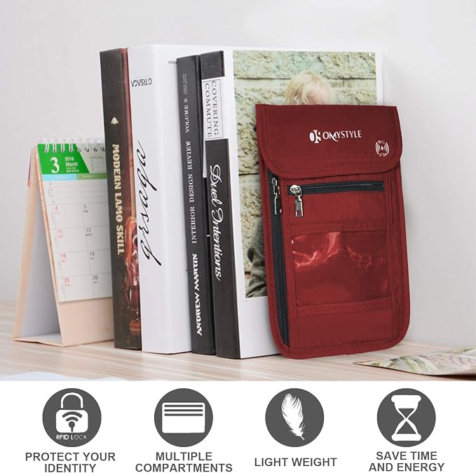 OMYSTYLE Neck Wallet, RFID Passport Holder for Travel, Adjustable Neck Strap, Waterproof Neck Pouch for Men & Women to Keep Cash, Credit Cards and Documents Safe, Red (8x6)