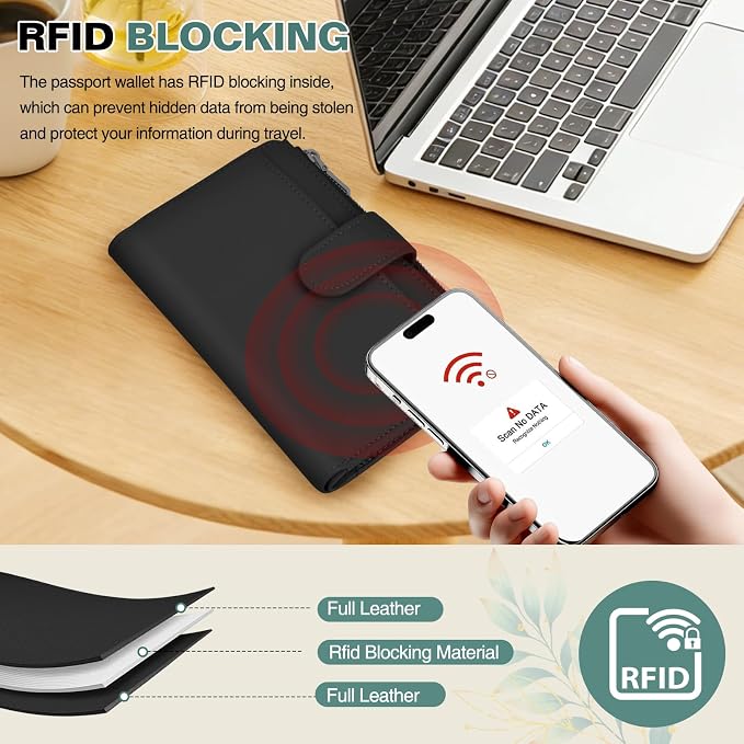 RFID Passport Holder for Travel, Leather Passport Wallet Cover with Airtag | with Airtag Slot, Card Cash Holders, Zippered Coins Pocket, for Women/Men, Gift Box, Travel Essentials, 4.1"L x 1"W x 6.3"H