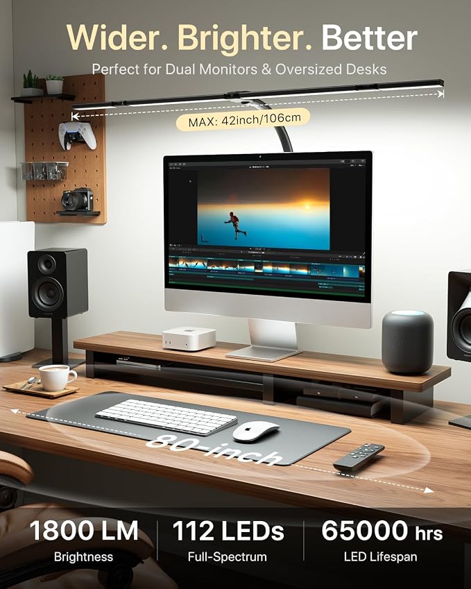 ONEMIX LED Desk Lamp with Clamp, 42-Inch 4-Panel Light for Dual Monitors | 1800 Lumens, 4 Adjustable Panels, 5 Color Temps, 5 Brightness Levels, Remote, Timer, Flicker-Free for Home Office