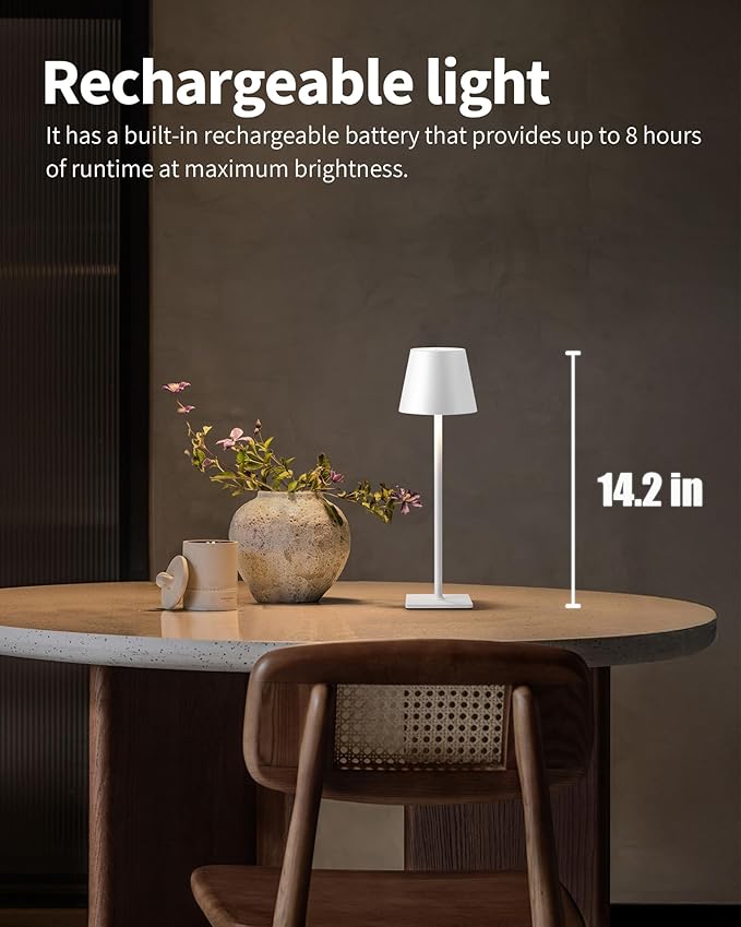 KDG 2 Pack Cordless White Table Lamps, Rechargeable Portable LED Desk Lamps | 5000mAh Battery Operated 3 Color Stepless Dimming Up for Restaurant, Bedroom, Outdoor Party, Camping, Coffee Shop, Nightlight