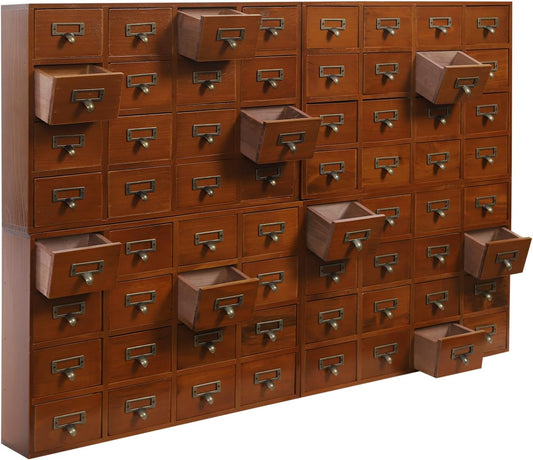 Vintage Drawer Wooden Desk Organizer, 16-Drawer Gift Storage Case Organizer Stand, Iron Label Holders, Brown, For Store Cosmetics, Files, Books, Letters, Papers, Magazines (64-Drawer/Brown)