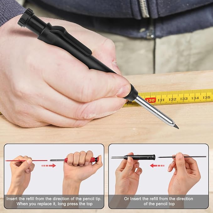 2 Pack Carpenter Pencils Mechanical Pencils with 12 Refills, Construction Pencils with Built-in Sharpener, Long Nib Deep Hole Pencil Marker, Heavy Duty Woodworking Pencil for Architect (2 Colors)