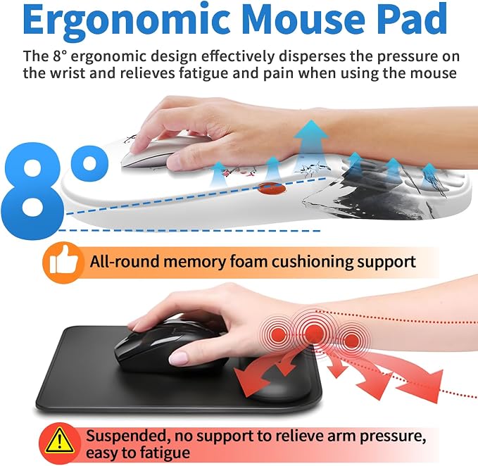 YIWEI Ergonomic Mouse Pad with Wrist Rest for Carpal Tunnel Pain Relief | Memory Foam Wrist Support,Non-Slip Rubber Base, Keyboard Computer Mousepad,Lycra Cloth Surface,Gaming Home Office