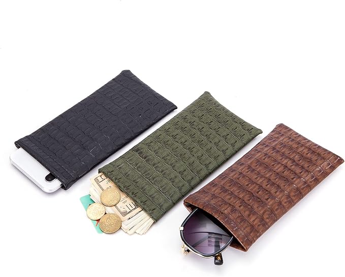 TRIUMPH VISION Eyeglass Case Glasses Case Soft Sunglass Pouch Sleeve 3 Pack | Slim Lightweight Alternative to Bulky Case, Leather Lined Protect Lens, Squeeze Easy to Use, Stylish Portable for Daily Use