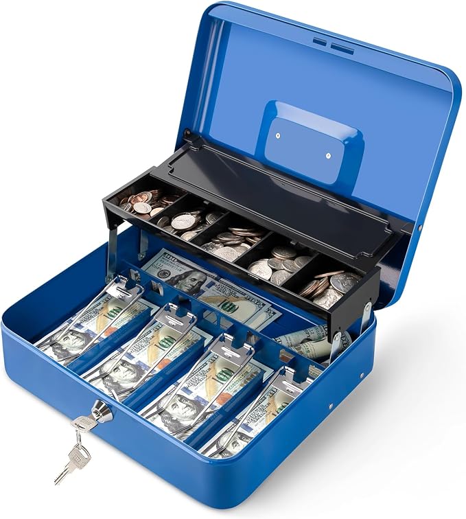 Jssmst Locking Metal Cash Box with Coin Lid, 11.8L x 9.5W x 3.5H Inches, Safe Money Box with Key Lock, Blue, SM-CB0513BL