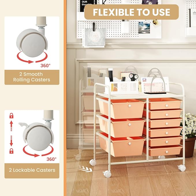 COSTWAY Rolling Storage Cart with 9 Drawer, Utility Cart with Metal Frame | Mobile Art Supply Craft Organizer, Multipurpose Storage Organizer for Paper, Office, School Teacher, Classroom, Peach