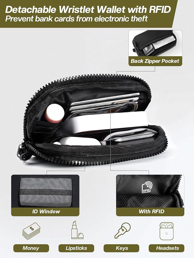 Tiostep Clip and Go Strap for Phone with Wallet Crossbody Phone Lanyard Adjustable and Detachable RFID Wristlet Wallet with ID Window and Zippered, Black