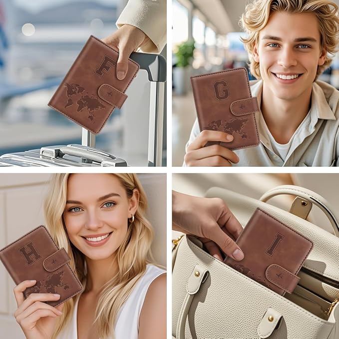 Passport Holder Wallet Cover Personalized Initial Travel Essentials | Embossed Letter A-Z Design, Travel Wallets, RFID Blocking, Passport Book Holders, Women Men, Personalized Gifts, Brown-I