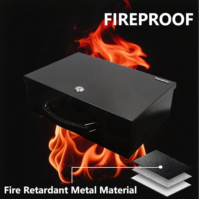 Yuanshikj Fireproof Key Lock Steel Security Safe Box, 0.38 Cu Ft, Black | Portable,Fire Resistance,13.2" W x 11" D x 4.5" H,With Carrying Handle, for Personal Items, Documents,Cash,Jewelry, Money