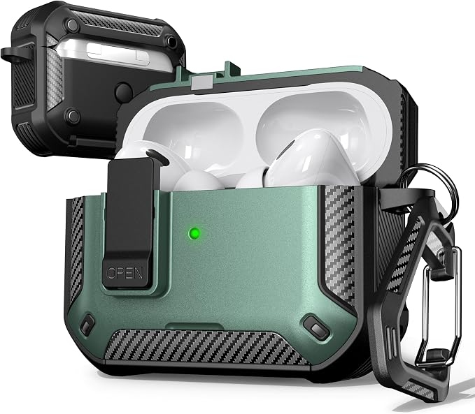 for AirPods Pro 2 Case with Lock Magnetic Lid, Green | Compatible with AirPods Pro 2nd Generation and AirPods Pro 1st Generation (2019) Case with Cleaner Kit & Carabiner, MagSafe