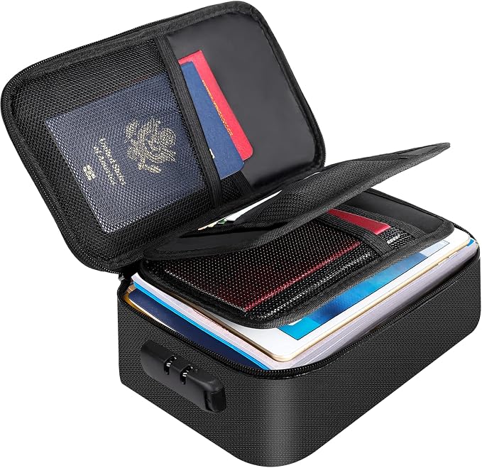 ENGPOW Small Fireproof Storage Organizer Case with Lock, 9”x 5.3”x 3.7” | Money Safe Wallet Carrying Bag with Multi-Pocket, Portable Home Travel for Cash,Card,Passport,Coin,Check,Bill,Soft Box,Black