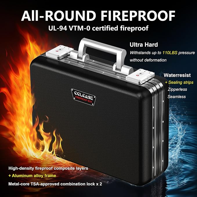 Fireproof Document Box, Ultra Hard Metal Frame Fireproof Safe Box | Aluminum Alloy Frame Zipperless All-Around Fireproof Document Organizer with TSA Lock Black