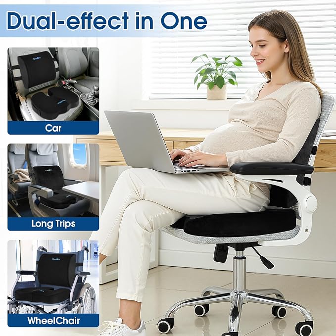 CloudBliss Lumbar Support Pillow & Seat Cushion Set for Office Chair, Desk Chair, Wheelchair & Car–Memory Foam Back Support,Ergonomic Chair Cushions,Sciatica Pain Relief,Home Essentials(Black,XL)