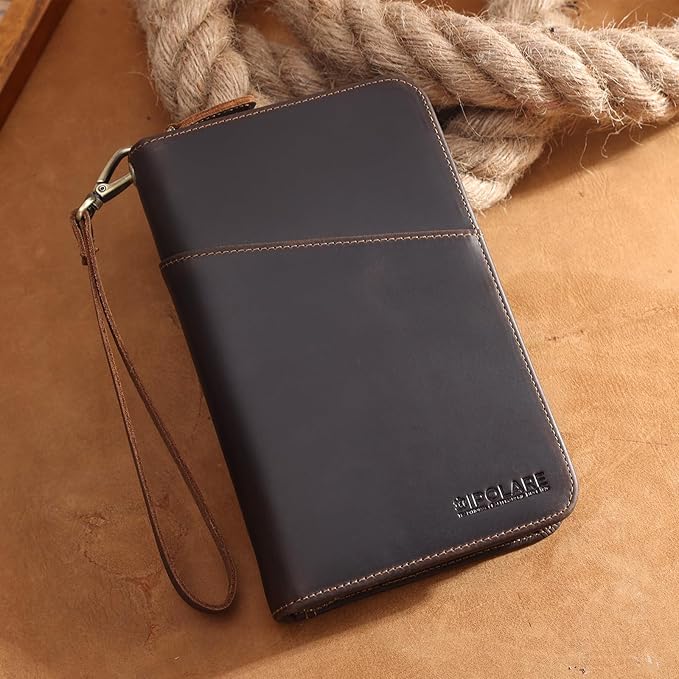 Polare Full Grain Leather Passport Holder Cover Case for Men and Women RFID Blocking Family Travel Wallet Holds 6 Passports (Dark Brown with AirTag Slot)