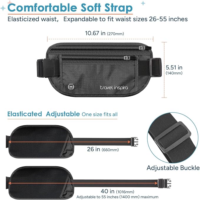 travel inspira RFID Hidden Money Belt Slim Anti Theft Travel Wallet | Passport Holder for Travel Concealed under Clothes for Ultimate Protection of Credit Cards, Cash, Passport & Documents, Black