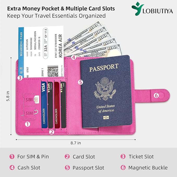 Passport Holder For Travel with Slot for AirTag & Luggage Tag Cover – RFID Blocking Travel Passport Wallet for Women/Family | PU Leather Passport Case with Extra Money Pocket, Pink