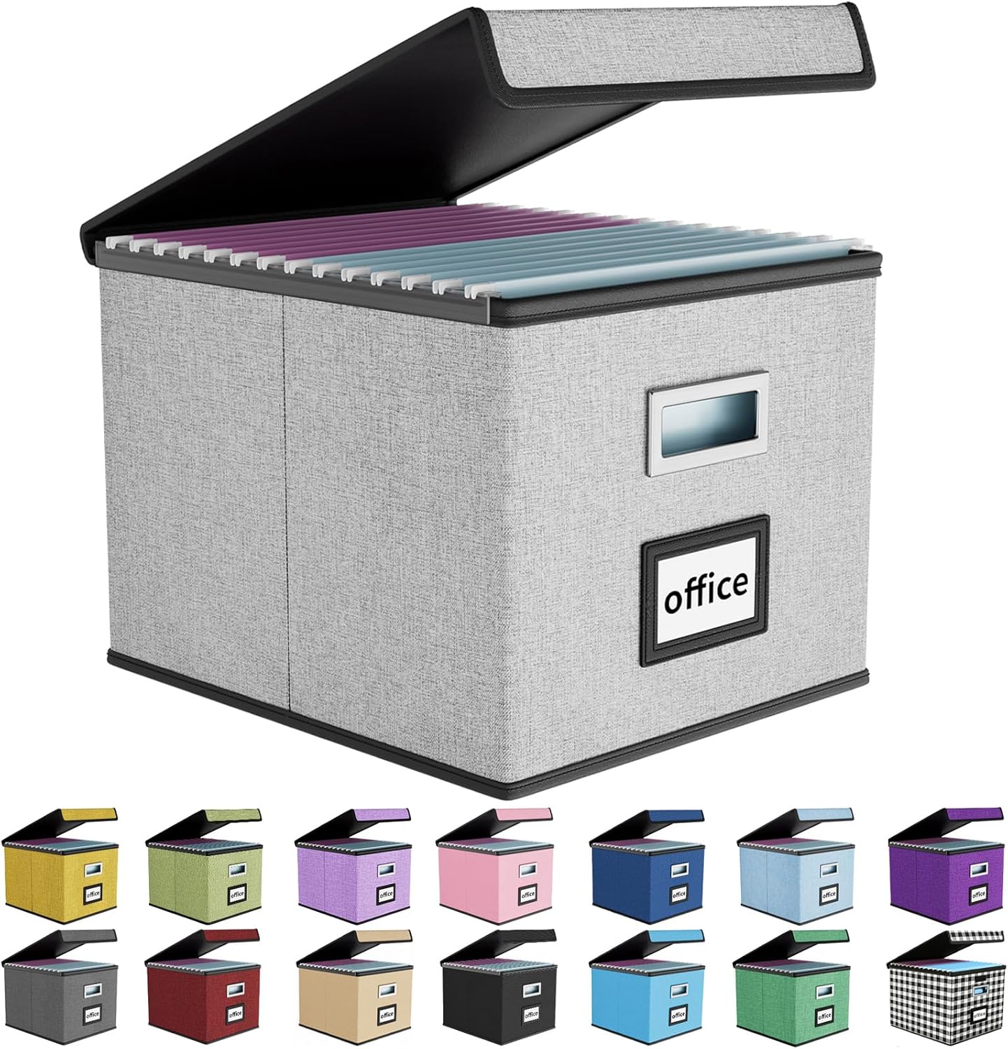 Huolewa Upgraded Portable File Organizer Box with Lid, Collapsible Linen Hanging Filing Storage Boxes with Plastic Slides, Decorative Home/Office Filing System Box for File and Folders Storage (Gray)