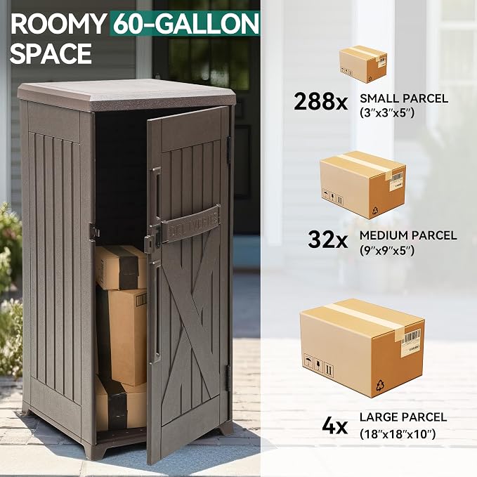 YITAHOME 60 Gallon Large Package Delivery and Storage Box, Double-Wall Resin Outdoor Package Delivery and Waterproof Deck Box for Porch, Curbside, 8.5 Cubic feet, Brown