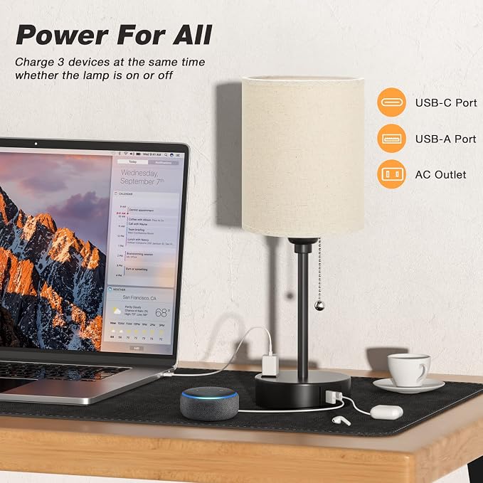 Small Bedside Table Lamp for Bedroom - Desk Lamp with USB Ports for Dorm | USB A+C Ports, AC Outlet, 3 Color Temperatures, LED Bulb Included, Beige Fabric Shade, Matte Black Base