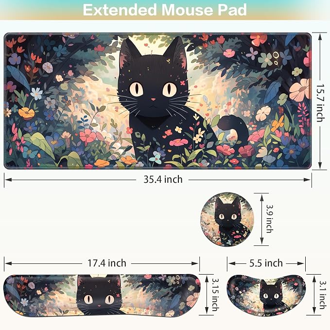 4-in-1 Mouse Pad Anime, Mouse Pad with Wrist Rest, | XXL Large Desk Mat Kawaii Mousepad with Gel Wrist Support Keyboard Wrists Rest Coaster, Ergonomic Gaming Cat Desk Pad