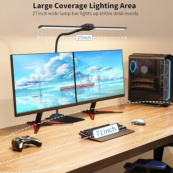 LED Desk Lamp Double Light: 1200LM Desk Light Base for Home Office, Black | Dual Screen Computer Monitor Light, Architect Table Lamp for Working Reading Drafting,Dimmable 4 Colors Memory 30-Min Timer