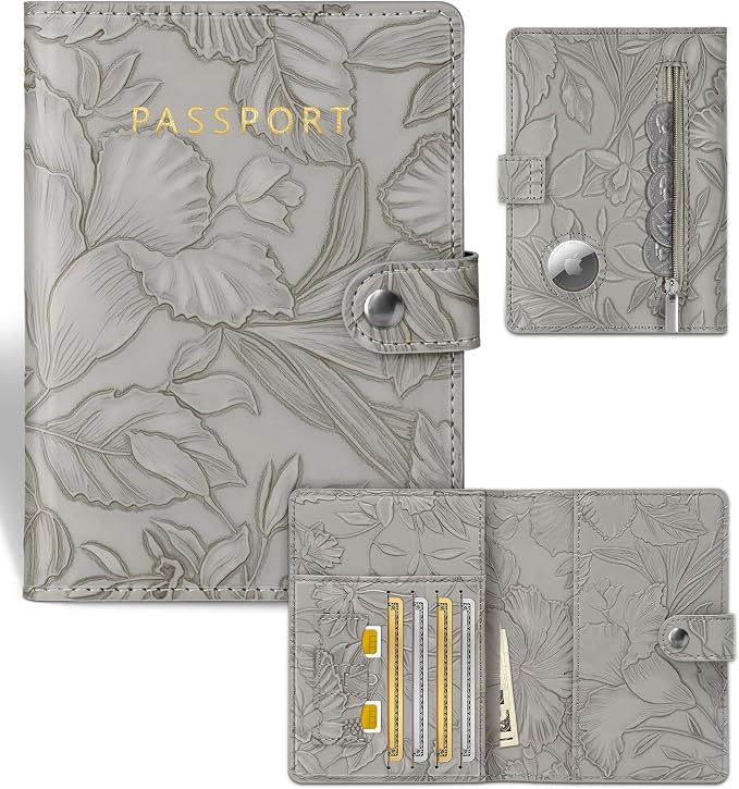 Slohif Elegant RFID Passport Holder for Travel with AirTag Elephant Gray | Floral Embossed Passport Wallet for Women, Slim Vegan Leather Travel Organizer with Money Pocket and Card Slots