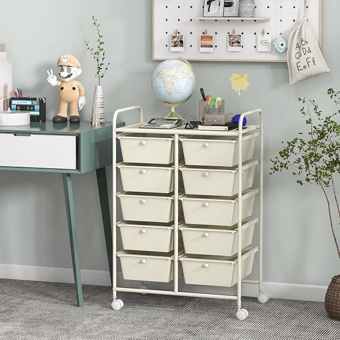 GLACER 10 Drawer Rolling Cart, Storage Cart with Lockable Whieels & Metal Frame, Trolley for Art Craft Oganizer, Mobile Utility Cart for Office, School, Classroom, Kitchen (Ivory Color)