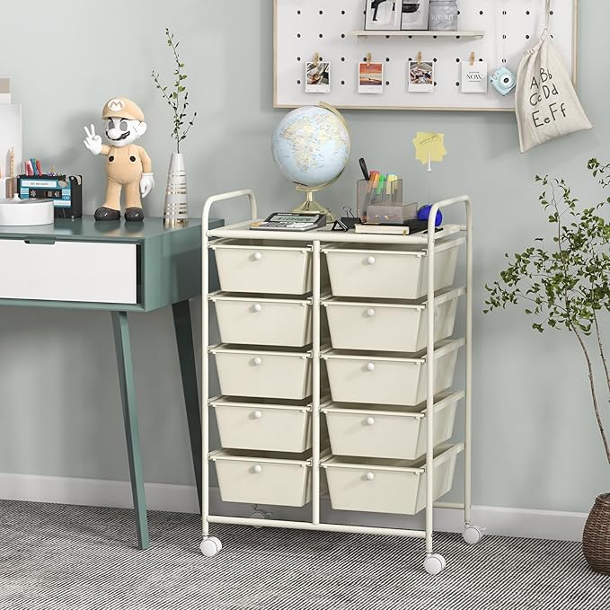 COSTWAY 10 Drawer Rolling Storage Cart, Utility Cart with Lockable Wheels | Mobile Art Supply Craft Organizer with Metal Frame, Multipurpose Drawer Cart for Paper for Office, School, White