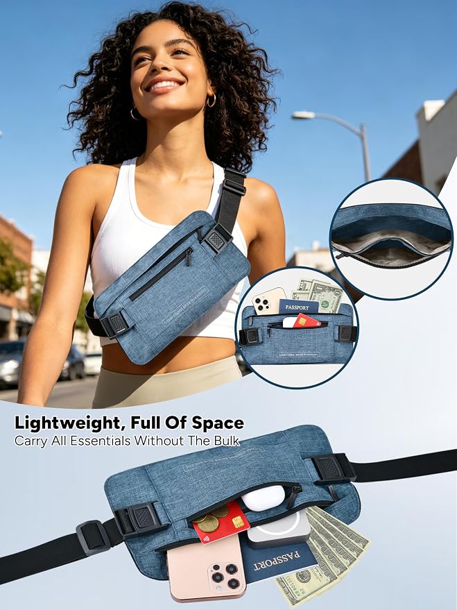 RFID Hidden Money Belt for Travel - Slim Anti Theft Pouch, Adjustable Strap | 2 RFID pockets for cash, ID, and passport, skin-friendly slim belt design moisture-wicking fit hidden under clothes