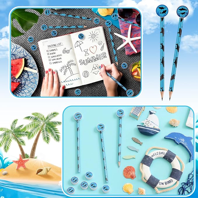 32 Pcs Summer Shark Pencil with Eraser Party Favors Gifts Shark Pen Goodie Bag Filler Under the Sea Theme Stationery Set for School Classrooms Exchange Reward Prize Home Office School Supplies