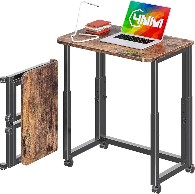 4NM No Tool Assembly 23.6" Small Desk, Folding Portable Desk with Wheels, Adjustable Height Foldable Computer Home Office Desks, Collapsible Study Writing Table for Space Saving Bedroom - Rustic Brown