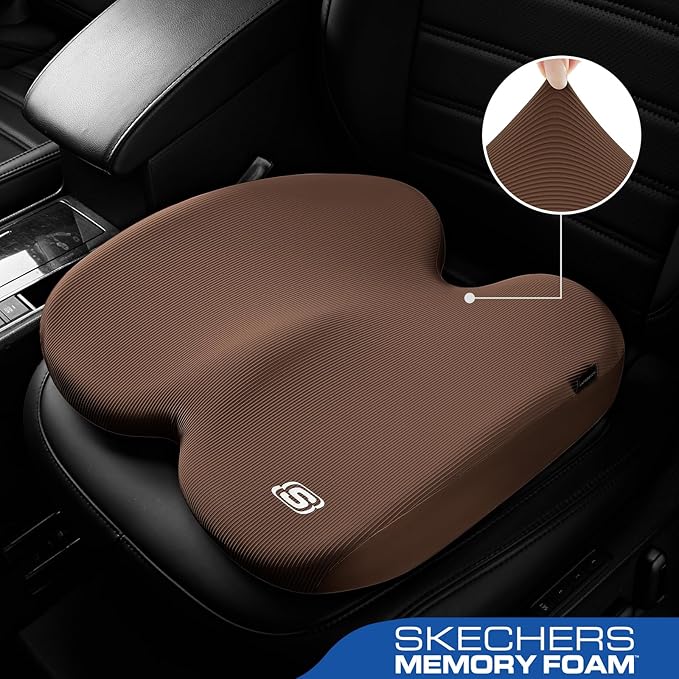 Skechers Seat Cushion, Ergonomic Memory Foam Cushion for Long Sitting Hours on Office & Home Chair, Car Seat Cushion for Sciatica, Coccyx Cushion,Brown