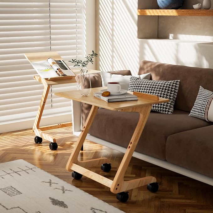 TV Tray Table, TV Dining Table with Casters for Small Spaces, Solid Wood End Table, Sofa Couch Side Table Removable Snack Tray for Coffee Bed Sofa Eating Writing Reading Living Room Bedroom
