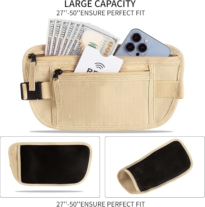 Money Belt for Travel Fanny Pack for Men Hidden Travel Pouch Fanny Pack for Women Hidden Rfid Passport Holder for Travel (Beige)
