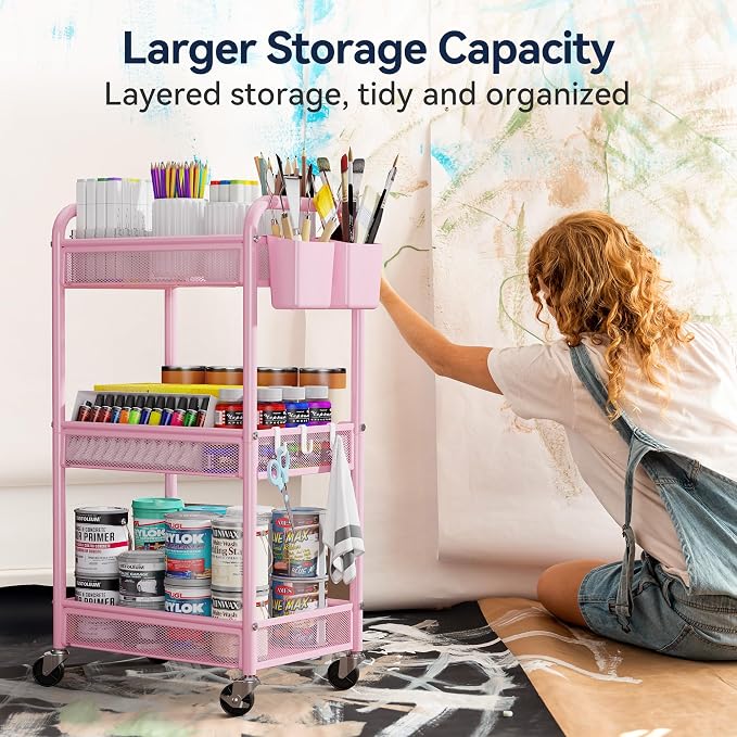 3 Tier Metal Rolling Cart, Pink Utility Storage Cart with Wheels | Metal Mesh Craft Cart With Hooks & Hanging Cups, Ideal For Kitchen, Bathroom, Office, Dorm, Art Workspace, Bedside Storage