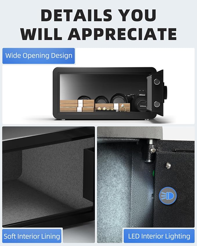DAYI Safe Box, 1.2 Cu. Ft. Home Safes with Fireproof Bag for Laptop & Docs | Digital Keypad, Dual Alarm System, Solid Alloy Steel, Pry-resistant Door, LED Interior Light, For Office Hotel Use - D-22
