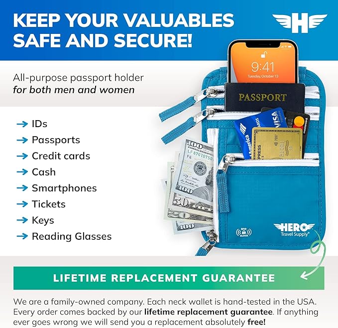 HERO Neck Wallet - RFID Blocking Passport Holder, Easy to Conceal Travel Pouch (Aqua)