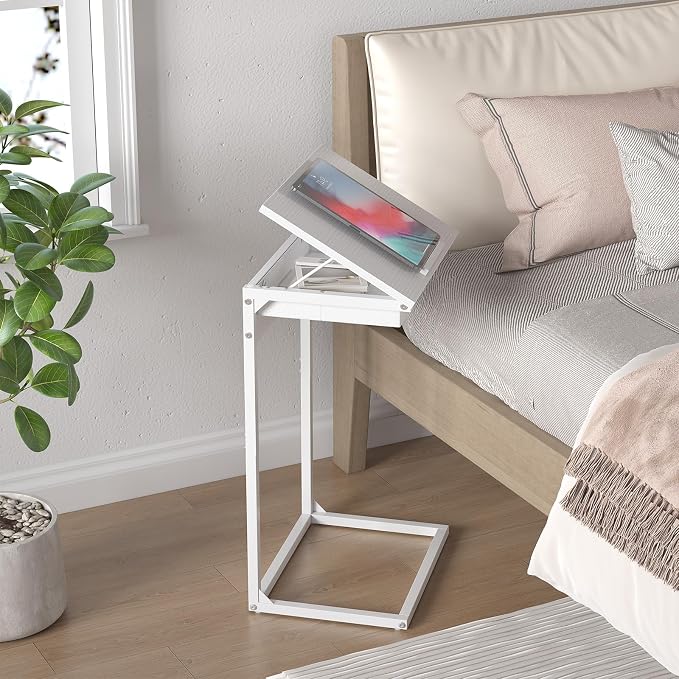 sthmec C Shaped End Table with Charging Station, 45° Tiltable Adjustable Flip Top Side Table with Storage,Small C Table for Small Spaces,Slide Under Couch Sofa Bedside Table for Living Room,White