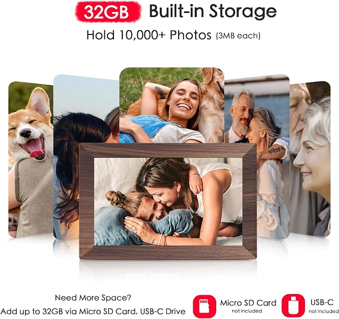 Frameo 10.1" Digital Picture Frame WiFi Wood, 1280 * 800 IPS HD Touchscreen, 32GB Storage, Instant Share Pictures Video, Smart Photo Frame Electronic, Gifts for Mom, Grandma, Woodgrain