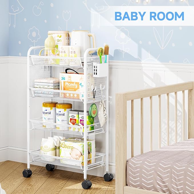 KINGRACK 4 Tier Rolling Cart, Metal Utility Storage Cart with Pegboard | Screwless Assembly, Lockable Wheels, 4 Hooks & 1 Bin, Mobile Organizer for Bathroom Kitchen Office Craft Room Laundry, White