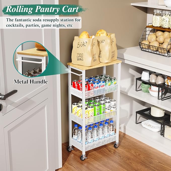OKZEST 4-Tier Slim Rolling Storage Cart for Laundry Room, Bathroom, Kitchen | Upgraded metal hub casters, Narrow utility cart for small space/gaps, Premium wood top & metal mesh shelf, with handle & hook