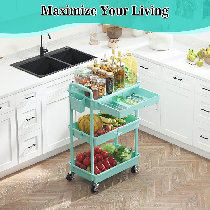 SUNALLY 3 Tier Rolling Cart with Drawer, Craft Storage Cart Organizer, Blue | Bathroom Storage Organizer with 2 Lockable Wheels, Rolling Utility Cart for Kitchen, Office, Baby, Makeup, Nail,Snack,Laundry